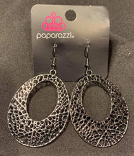 Load image into Gallery viewer, A glistening gunmetal teardrop filigree filled frame swings from the ear for a whimsical look. Earring attaches to a standard fishhook fitting.  Sold as one pair of earrings.