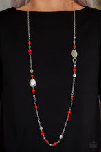 Load image into Gallery viewer, An array of polished red beads, silver discs, and ornate silver accents trickles along a shimmery silver chain for a whimsical look. Features an adjustable clasp closure.  Sold as one individual necklace. Includes one pair of matching earrings. Always nickel and lead free!