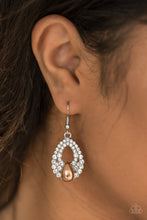 Load image into Gallery viewer, Varying in size and shimmer, glassy white rhinestones are encrusted along a teardrop frame. A shiny brown bead is pressed into the bottom of the frame for a refined finish. Earring attaches to a standard fishhook fitting.  Sold as one pair of earrings.