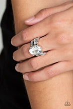 Load image into Gallery viewer, Featuring a regal emerald style cut, a glittery white gem is pressed into a dainty silver band dusted in glassy white rhinestones for a refined finish. Features a stretchy band for a flexible fit.  Sold as one individual ring.  Always nickel and lead free.  Life of the Party Exclusive Release