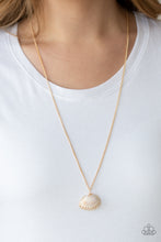 Load image into Gallery viewer, Bordered in a shimmery gold finish, a white seashell swings from the bottom of a lengthened gold chain for a summery flair. Features an adjustable clasp closure.  Sold as one individual necklace. Includes one pair of matching earrings.  Always nickel and lead free.