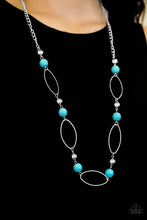 Load image into Gallery viewer, Refreshing turquoise stones and classic silver beads join airy silver hoops along a silver chain for a seasonal look. Features an adjustable clasp closure.  Sold as one individual necklace. Includes one pair of matching earrings.  Always nickel and lead free.