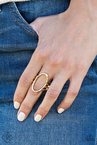 Delicately hammered in shimmery detail, a warped gold oval sits atop an airy gold band for an artisanal look. Features a stretchy band for a flexible fit.  Sold as one individual ring.    Simply Santa Fe Fashion Fix November 2018  Always nickel and lead free. 