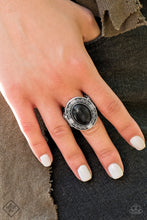 Load image into Gallery viewer, A smooth black stone is pressed into the center of an antiqued silver frame radiating with zigzagging textures for a trendy tribal look. Features a stretchy band for a flexible fit.  Sold as one individual ring.   Simply Santa Fe Fashion Fix  December 2018  Always nickel and lead free. 