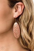 Load image into Gallery viewer, Delicately hammered in shimmery antiqued textures, a glistening copper frame swings boldly from the ear. As the light catches the texture of the design, the result is blinding shimmer that deserves some attention. Earring attaches to a standard fishhook fitting.