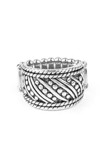 Load image into Gallery viewer, Studded and smooth silver bars delicately slant across the finger between two borders of silver rope-like texture, coalescing into an edgy band. Features a stretchy band for a flexible fit. Sold as one individual ring.