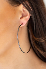 Load image into Gallery viewer,   Etched in mismatched textures, a dainty gunmetal bar curls into a patterned hoop for a seasonal look. Earring attaches to a standard post fitting. Hoop measures 2 3/4&quot; in diameter.  Sold as one pair of hoop earrings.  Always nickel and lead free.