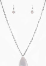 Load image into Gallery viewer, A neutral gray teardrop pendant swings from the bottom of a lengthened silver chain, adding a perfect pop of color to any outfit. Features an adjustable clasp closure.  Sold as one individual necklace. Includes one pair of matching earrings.  Always nickel and lead free.