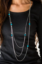 Load image into Gallery viewer, Brushed in a shell-like shimmer, iridescent blue beads and dainty silver beads trickle along glistening silver chains for a seasonal look.  Sold as one individual necklace. Includes one pair of matching earrings.  Always nickel and lead free.