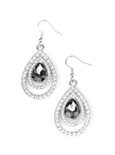 Load image into Gallery viewer, An oversized smoky teardrop gem is nestled inside two expansive teardrop frames encrusted in dainty white rhinestones, creating a rippling radiance. Earring attaches to a standard fishhook fitting.  Sold as one pair of earrings.