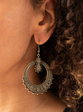 Load image into Gallery viewer, Featuring striped and floral patterns, dainty brass beads dot the bottom of a studded brass hoop that is attached to a matching ornate brass fitting for a tribal inspired look. Earring attaches to a standard fishhook fitting.  Sold as one pair of earrings. 