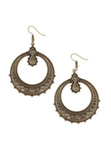 Load image into Gallery viewer, Featuring striped and floral patterns, dainty brass beads dot the bottom of a studded brass hoop that is attached to a matching ornate brass fitting for a tribal inspired look. Earring attaches to a standard fishhook fitting.  Sold as one pair of earrings.