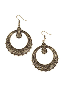 Featuring striped and floral patterns, dainty brass beads dot the bottom of a studded brass hoop that is attached to a matching ornate brass fitting for a tribal inspired look. Earring attaches to a standard fishhook fitting.  Sold as one pair of earrings.