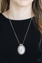 Load image into Gallery viewer, A smooth gray stone is pressed into a textured silver frame, creating a bold seasonal pendant below the collar. Features an adjustable clasp closure.  Sold as one individual necklace. Includes one pair of matching earrings.  Always nickel and lead free.
