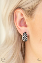 Load image into Gallery viewer, Rows of glittery black rhinestones slant across rows of a shimmery silver frame for a refined look. Earring attaches to a standard clip-on fitting.  Sold as one pair of clip-on earrings.  Always nickel and lead free.