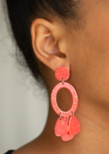 Sparkle flecked coral acrylic frames link into an abstract lure for a summery look. Earring attaches to a standard post fitting.  Sold as one pair of post earrings.  