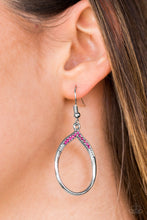Load image into Gallery viewer, The top of a silver teardrop lure is encrusted in glittery pink rhinestones for a refined look. Earring attaches to a standard fishhook fitting.  Sold as one pair of earrings.  Always nickel and lead free.