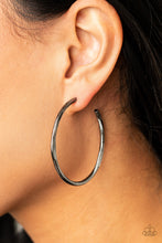 Load image into Gallery viewer, Featuring flattened sections, a textured gunmetal hoop boldly curls around the ear for an edgy flair. Earring attaches to a standard post fitting. Hoop measures approximately 1 3/4&quot; in diameter.  Sold as one pair of hoop earrings.  Always nickel and lead free.