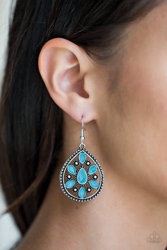 Painted in a shiny blue finish, dainty teardrops dance along the center of a studded silver teardrop, creating a whimsical lure. Earring attaches to a standard fishhook fitting.  Sold as one pair of earrings.  Always nickel and lead free. 