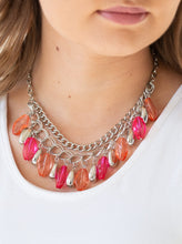 Load image into Gallery viewer, Infused with a row of thick silver chain, faceted silver and glassy pink and coral beads swing from the bottom of ornate silver links, creating a vivacious fringe below the collar. Features an adjustable clasp closure.  Sold as one individual necklace. Includes one pair of matching earrings. 