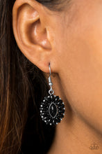 Load image into Gallery viewer, Marquise shaped black beads are pressed into a shimmery silver frame, coalescing into a whimsical lure. Earring attaches to a standard fishhook fitting.  Sold as one pair of earrings.  Always nickel and lead free.