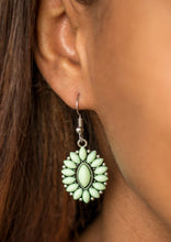 Load image into Gallery viewer, Green marquise shaped beads are pressed into a shimmery silver frame, coalescing into a whimsical lure. Earring attaches to a standard fishhook fitting.  Sold as one pair of earrings.