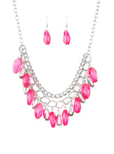 Load image into Gallery viewer, Infused with a row of thick silver chain, faceted silver and glassy pink beads swing from the bottom of ornate silver links, creating a vivacious fringe below the collar. Features an adjustable clasp closure.  Sold as one individual necklace. Includes one pair of matching earrings.