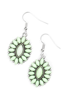 Green marquise shaped beads are pressed into a shimmery silver frame, coalescing into a whimsical lureGreen marquise shaped beads are pressed into a shimmery silver frame, coalescing into a whimsical lure. Earring attaches to a standard fishhook fitting.  Sold as one pair of earrings.
