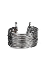 Load image into Gallery viewer, An assortment of smooth and hammered gunmetal bars arc across the wrist, stacking into a bold bangle-like cuff.  Sold as one individual bracelet.