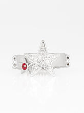Load image into Gallery viewer, Dotted with a fiery red rhinestone, a dainty silver star joins a white rhinestone encrusted star atop a glistening silver band, creating a stellar centerpiece. Features a dainty stretchy band for a flexible fit. Sold as one individual ring.