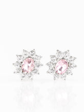 Load image into Gallery viewer, Glassy white rhinestones spin around an oval pink rhinestone center, coalescing into a refined frame. Earring attaches to a standard post fitting.  Sold as one pair of post earrings. 