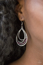 Load image into Gallery viewer, Shiny silver frames layer into an asymmetrical teardrop. A ribbon of glittery purple rhinestones wraps around the bottom for a refined finish. Earring attaches to a standard fishhook fitting.  Sold as one pair of earrings.   Always nickel and lead free.