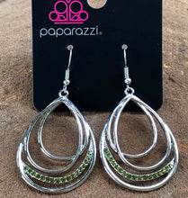 Load image into Gallery viewer,   Shiny silver frames layer into an asymmetrical teardrop. A ribbon of glittery green  rhinestones wraps around the bottom for a refined finish. Earring attaches to a standard fishhook fitting.  Sold as one pair of earrings.  Always nickel and lead free.