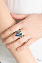 Load image into Gallery viewer, Featuring elegant marquise style shapes, hematite rhinestone encrusted silver frames and glittery blue rhinestones connect across the finger for an edgy-glamorous look. Features a stretchy band for a flexible fit.  Sold as one individual ring.  Always nickel and lead free. 