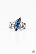 Load image into Gallery viewer, Featuring elegant marquise style shapes, hematite rhinestone encrusted silver frames and glittery blue rhinestones connect across the finger for an edgy-glamorous look. Features a stretchy band for a flexible fit.  Sold as one individual ring.  Always nickel and lead free.