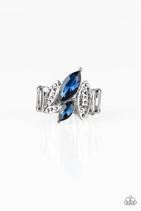 Featuring elegant marquise style shapes, hematite rhinestone encrusted silver frames and glittery blue rhinestones connect across the finger for an edgy-glamorous look. Features a stretchy band for a flexible fit.  Sold as one individual ring.  Always nickel and lead free.