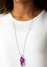 Load image into Gallery viewer, A white rhinestone encrusted frame and smooth silver frame overlap at the top of a faceted pink teardrop gem, creating a dramatic pendant. The refined pendant swings from the bottom of a rounded snake chain for a sleek finish. Features an adjustable clasp closure.  Sold as one individual necklace. Includes one pair of matching earrings.  Always nickel and lead free.