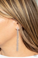 Load image into Gallery viewer, Three strands of glittery white rhinestones free-fall from the ear, coalescing into a timeless chandelier. Earring attaches to a standard post fitting.  Sold as one pair of post earrings.   Always nickel and lead free. 