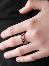 Load image into Gallery viewer, Brushed in an antiqued finish, glistening copper bars braid across the finger, creating an airy band. Features a dainty stretchy band for a flexible fit.  Sold as one individual ring.