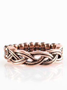 Brushed in an antiqued finish, glistening copper bars braid across the finger, creating an airy band. Features a dainty stretchy band for a flexible fit.  Sold as one individual ring.