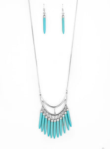 Capped in dainty silver fittings, refreshing turquoise stone tusk-like bars dangle from the bottom of an airy silver crescent frame, creating an earthy fringe at the bottom of a lengthened silver chain. Features an adjustable clasp closure.  Sold as one individual necklace. Includes one pair of matching earrings. 
