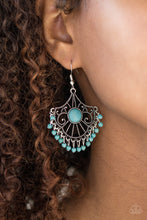 Load image into Gallery viewer, A refreshing blue stone is pressed into the center of an ornate silver frame. Dainty blue stone beading trickles from the bottom of the textured lure, adding a wanderlust finish to the seasonal palette. Earring attaches to a standard fishhook fitting.  Sold as one pair of earrings.  Always nickel and lead free.