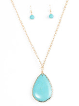 Load image into Gallery viewer, Chiseled into a tranquil teardrop, a smooth turquoise stone swings from the bottom of a glistening gold chain, creating a dramatically earthy pendant. Features an adjustable clasp closure.  Sold as one individual necklace. Includes one pair of matching earrings.
