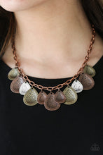 Load image into Gallery viewer, Delicately hammered in light-catching shimmer, copper, brass, and silver teardrops drip from the bottom of a glistening copper chain, creating a bold fringe below the collar. Features an adjustable clasp closure.  Sold as one individual necklace. Includes one pair of matching earrings.  Always nickel and lead free.