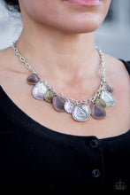 Load image into Gallery viewer, Delicately hammered in light-catching shimmer, copper, brass, and silver teardrops drip from the bottom of a glistening silver chain, creating a bold fringe below the collar. Features an adjustable clasp closure.  Sold as one individual necklace. Includes one pair of matching earrings.  Always nickel and lead free.