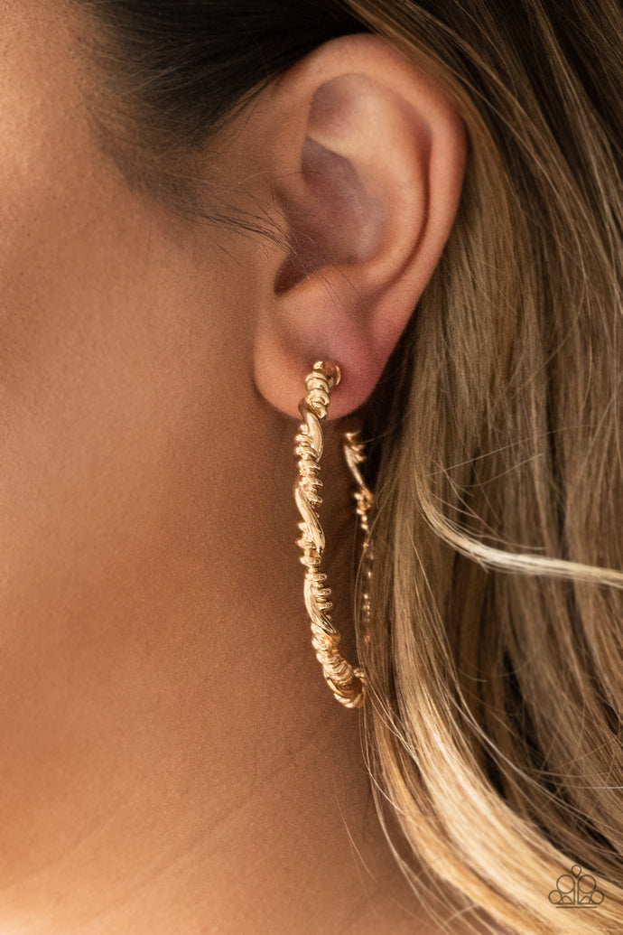 Glistening gold bars wrap into an edgy twisted hoop for a casual look. Earring attaches to a standard post fitting. Hoop measures 2