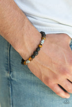 Load image into Gallery viewer, ESSENTIAL OIL ALERT!!!  Earthy black lava rocks, shiny tiger&#39;s eye stones, and flashy metallic accents are threaded along a stretchy band around the wrist for a seasonal flair.  Sold as one individual bracelet.  Always nickel and lead free. 
