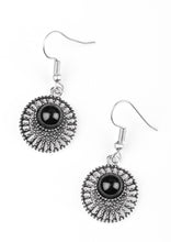 Load image into Gallery viewer, A shiny black bead is pressed into an airy silver frame radiating with studded textures for a seasonal look. Earring attaches to a standard fishhook fitting.  Sold as one pair of earrings.