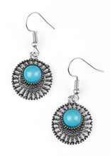 Load image into Gallery viewer, A refreshing blue bead is pressed into an airy silver frame radiating with studded textures for a seasonal look. Earring attaches to a standard fishhook fitting.  Sold as one pair of earrings.