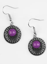 Load image into Gallery viewer, A vivacious purple bead is pressed into an airy silver frame radiating with studded textures for a seasonal look. Earring attaches to a standard fishhook fitting.  Sold as one pair of earrings.